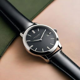 A luxurious wristwatch featuring a black leather band and a sleek black dial