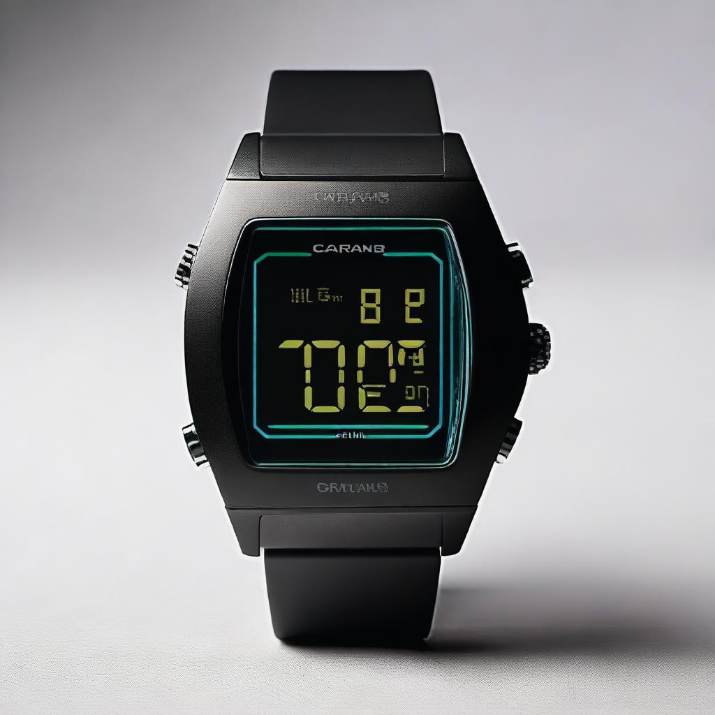 A modern digital wristwatch from the brand Carans, featuring a sleek black rubber band and a vibrant LED display