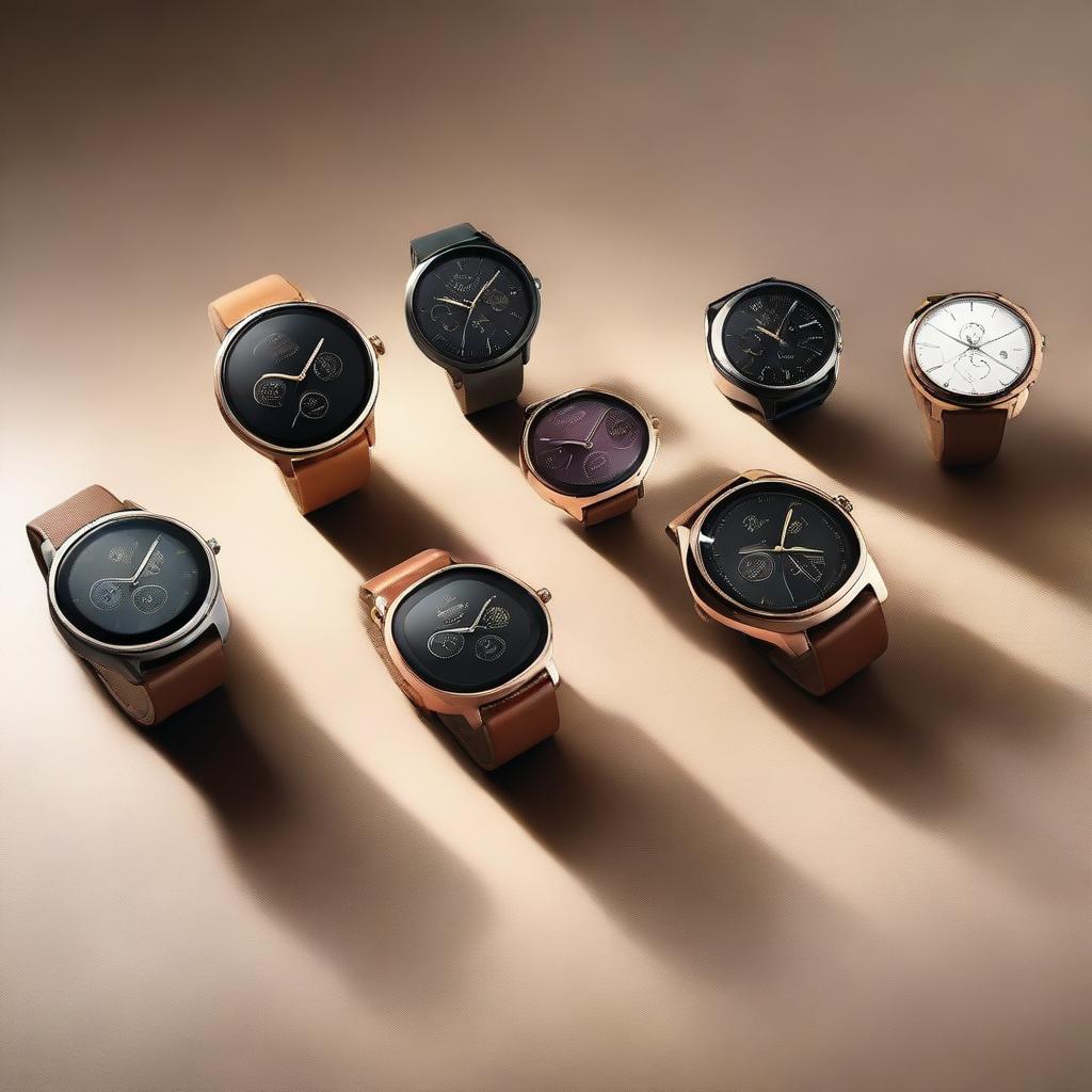 A collection of Carans smartwatches featuring various designs with sleek metallic and leather bands