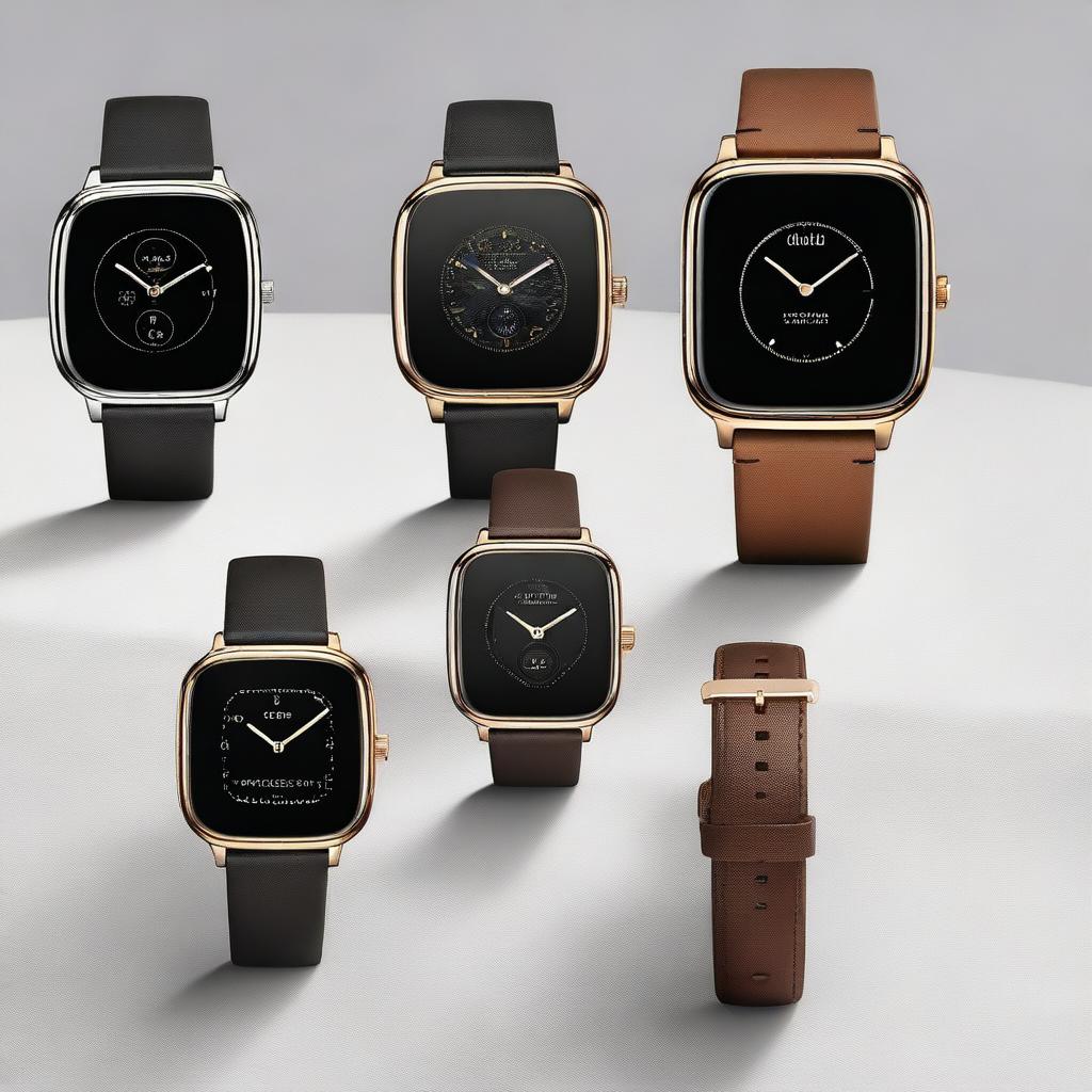 A collection of Carans smartwatches featuring various designs with sleek metallic and leather bands