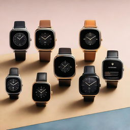 A collection of Carans smartwatches featuring various designs with sleek metallic and leather bands