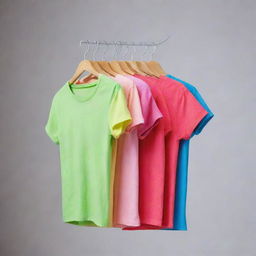 A stylish, casual t-shirt in vibrant colors on a hanger