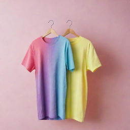 A stylish, casual t-shirt in vibrant colors on a hanger