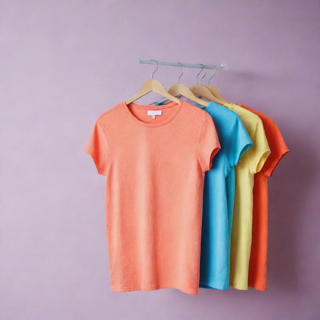 A stylish, casual t-shirt in vibrant colors on a hanger