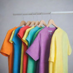 A stylish, casual t-shirt in vibrant colors on a hanger