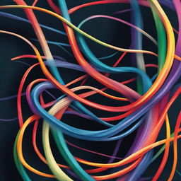 An illustrative and abstract depiction of electrical wires intertwined, with vibrant colors and dynamic lines