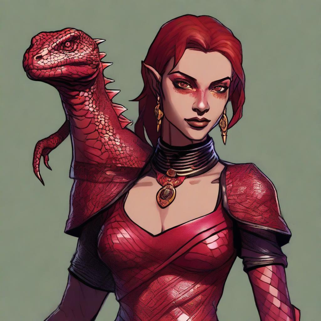 Generate a portrait of a D&D character who is a woman, half human and half lizard, with striking red skin covered in scales with a slightly black shine