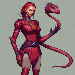 Generate a portrait of a D&D character who is a woman, half human and half lizard, with striking red skin covered in scales with a slightly black shine