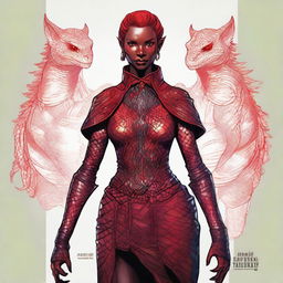 Generate a portrait of a D&D character who is a woman, half human and half lizard, with striking red skin covered in scales with a slightly black shine