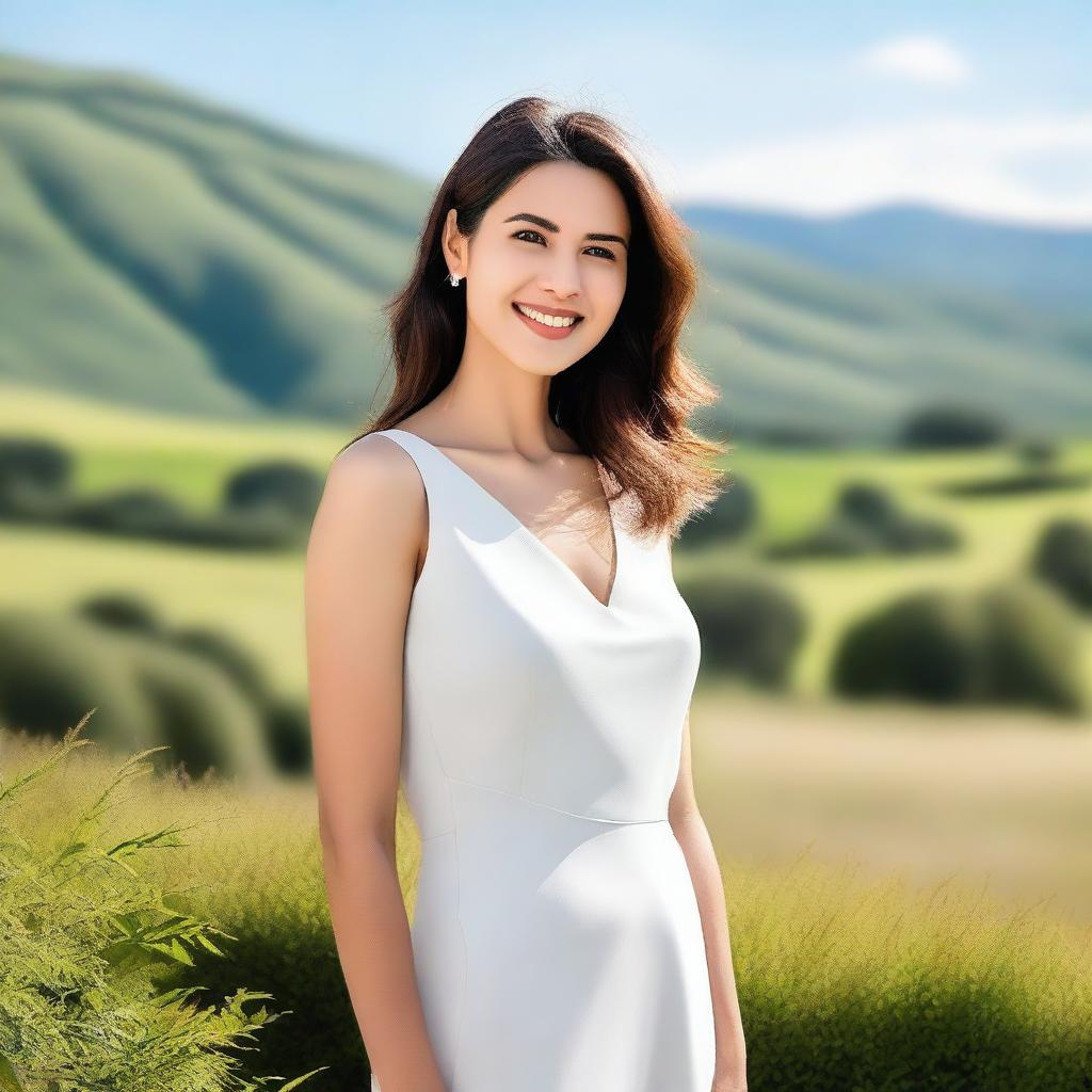 A beautiful woman standing in a serene landscape, with a gentle smile on her face