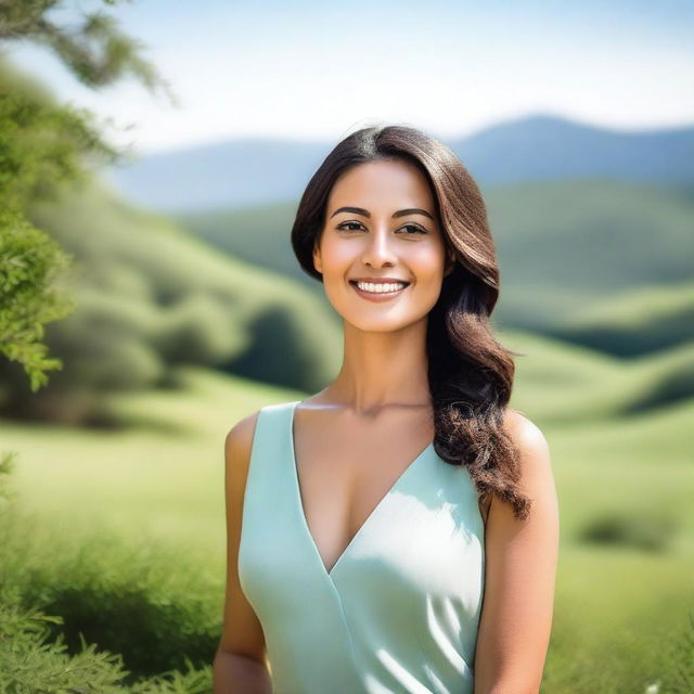 A beautiful woman standing in a serene landscape, with a gentle smile on her face