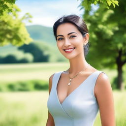 A beautiful woman standing in a serene landscape, with a gentle smile on her face