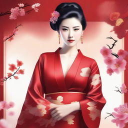 A Chinese woman wearing a sexy red kimono with a revealing neckline, emphasizing her large chest