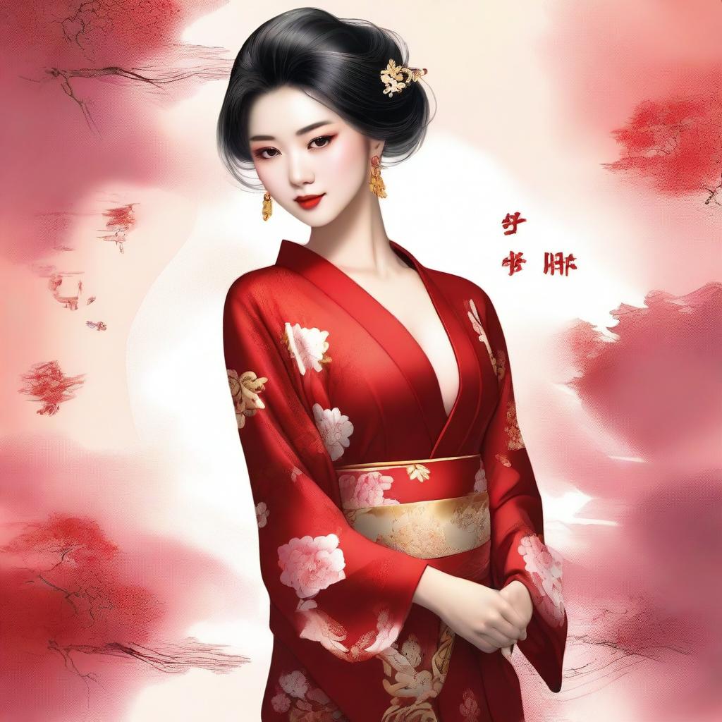 A Chinese woman wearing a sexy red kimono with a revealing neckline, emphasizing her large chest