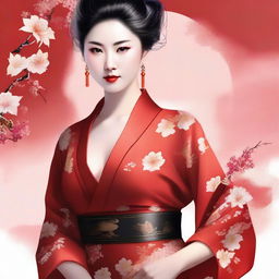 A Chinese woman wearing a sexy red kimono with a revealing neckline, emphasizing her large chest