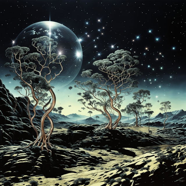 A surreal scene of trees growing on Mercury, with metallic bark, glowing leaves, and unique root systems in a rocky, silvery landscape under a dark, star-studded sky