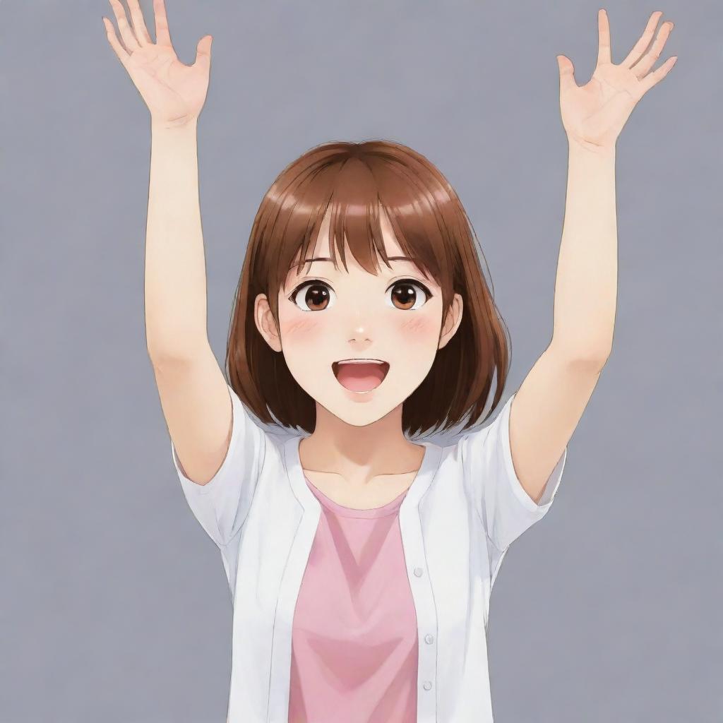 Anime style girl with hands raised up joyfully