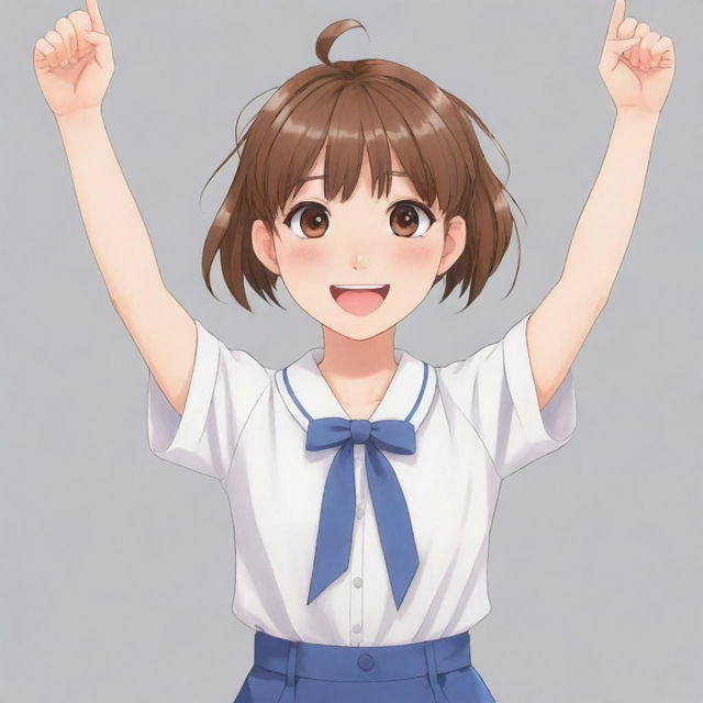 Anime style girl with hands raised up joyfully