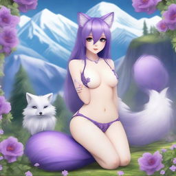 A fantasy fox woman with straight purple hair and a purple fluffy tail, posing in various positions such as front, back, and crawling