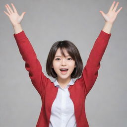 Anime style girl with hands raised up joyfully