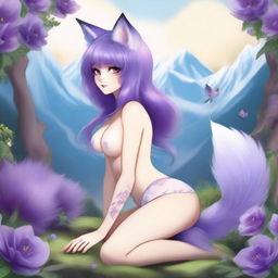 A fantasy fox woman with straight purple hair and a purple fluffy tail, posing in various positions such as front, back, and crawling