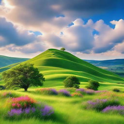 A beautiful hill shrouded by clouds in an idyllic landscape