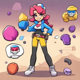 Create an image of a Brawl Stars girl character named Rebecca who is part of a stunt show