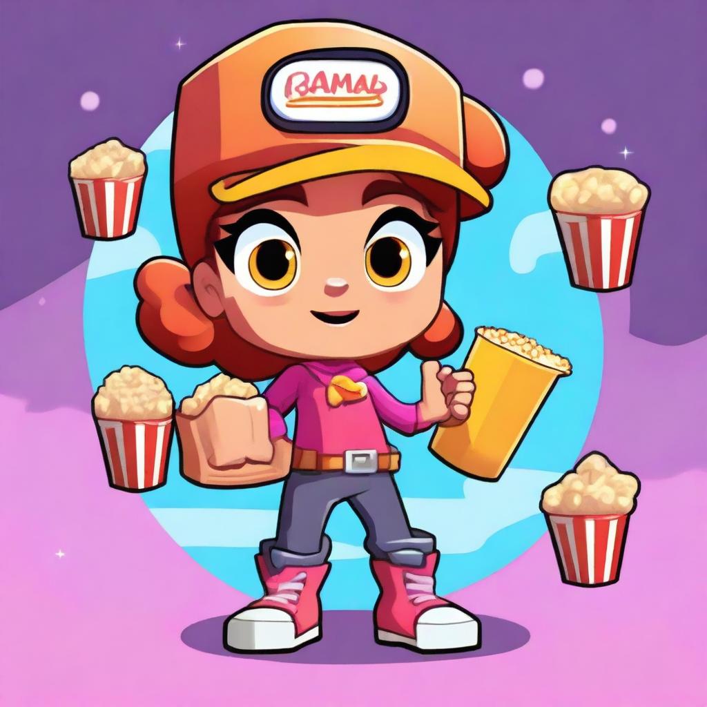 Create a Brawl Stars-style girl character named Zoe who is themed around a movie theater