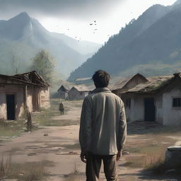 A melancholic scene depicting a lonely man standing in the middle of an abandoned village in the mountains