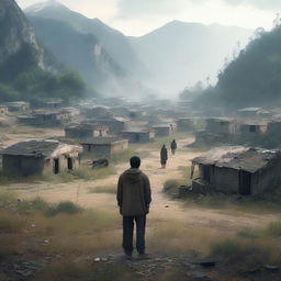 A melancholic scene depicting a lonely man standing in the middle of an abandoned village in the mountains