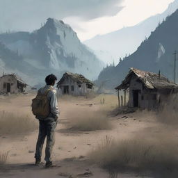 A melancholic scene depicting a lonely man standing in the middle of an abandoned village in the mountains