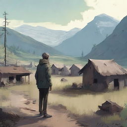 A melancholic scene depicting a lonely man standing in the middle of an abandoned village in the mountains