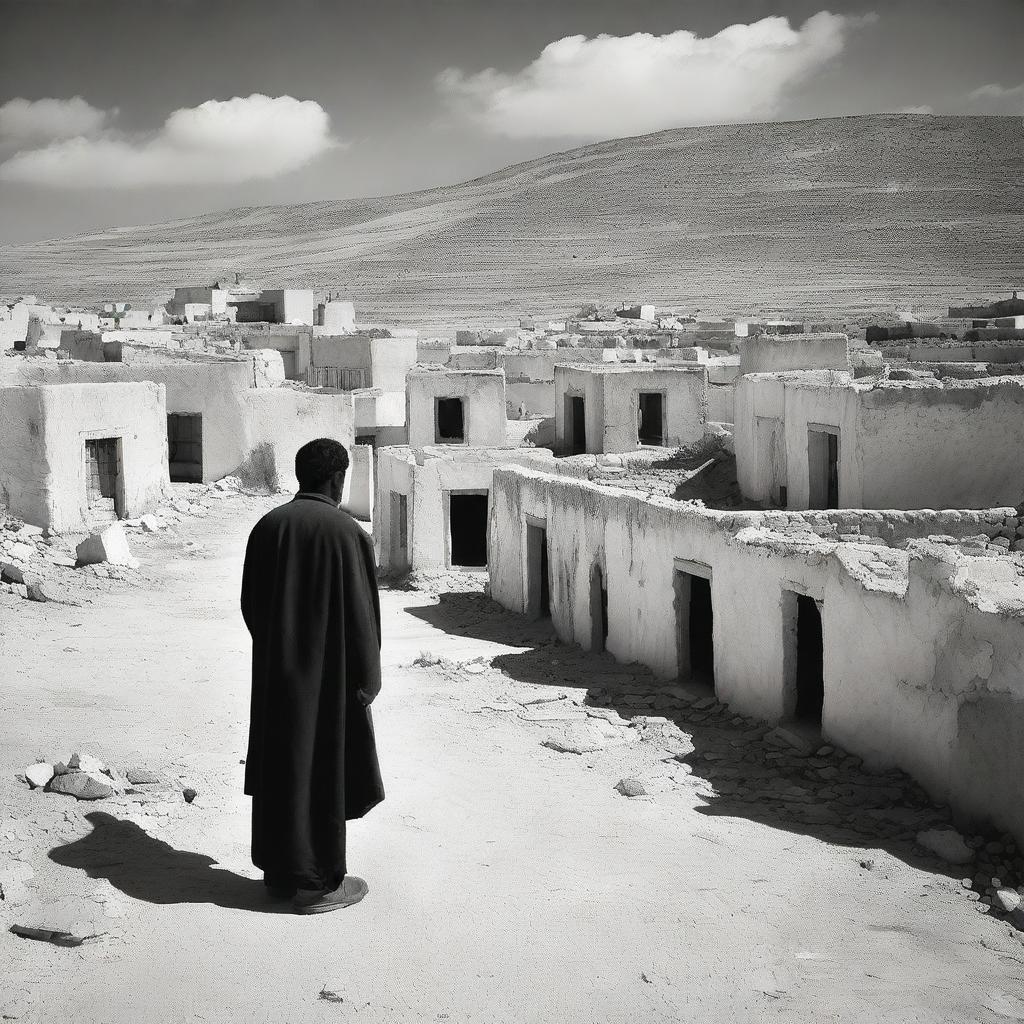 A melancholic scene depicting a lonely man standing in the middle of an abandoned village in the mountains of south Tunisia