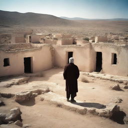 A melancholic scene depicting a lonely man standing in the middle of an abandoned village in the mountains of south Tunisia