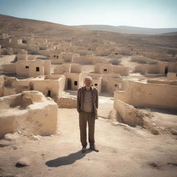 A melancholic scene depicting a lonely man standing in the middle of an abandoned village in the mountains of south Tunisia