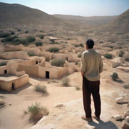 A melancholic scene depicting a lonely man standing in the middle of an abandoned village in the mountains of south Tunisia