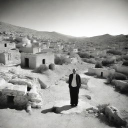 A melancholic scene depicting a lonely man standing in the middle of an abandoned village called Azro, Zrawa, or Zraoua in the mountains of south Tunisia