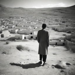 A melancholic scene depicting a lonely man standing in the middle of an abandoned village called Azro, Zrawa, or Zraoua in the mountains of south Tunisia