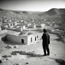 A melancholic scene depicting a lonely man standing in the middle of an abandoned village called Azro, Zrawa, or Zraoua in the mountains of south Tunisia