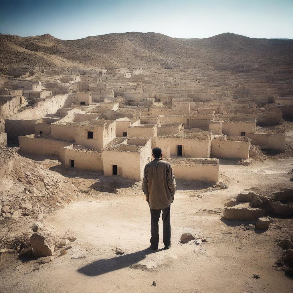 A melancholic scene depicting a lonely man standing in the middle of an abandoned village called Azro, Zrawa, or Zraoua in the mountains of south Tunisia