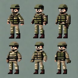 A soldier in four different projections, designed in 64x64 pixel art style