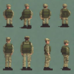 A soldier in four different projections, designed in 64x64 pixel art style