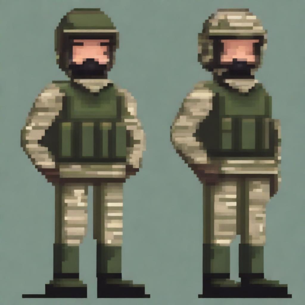 A soldier in four different projections, designed in 64x64 pixel art style