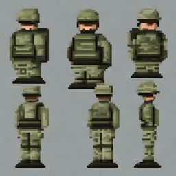 A soldier in four different projections, designed in 64x64 pixel art style