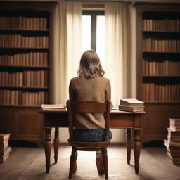 Create a book cover featuring a girl sitting at a vintage desk, shot from the back