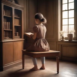 Create a book cover featuring a girl sitting at a vintage desk, shot from the back