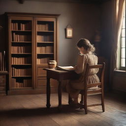 Create a book cover featuring a girl sitting at a vintage desk, shot from the back