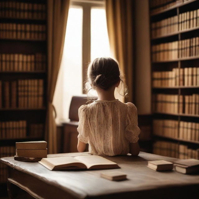 Create a book cover featuring a girl sitting at a vintage desk, shot from the back