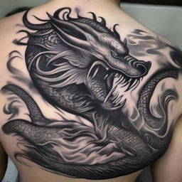 A detailed Chinese dragon tattoo design, featuring intricate scales, flowing whiskers, and a fierce expression