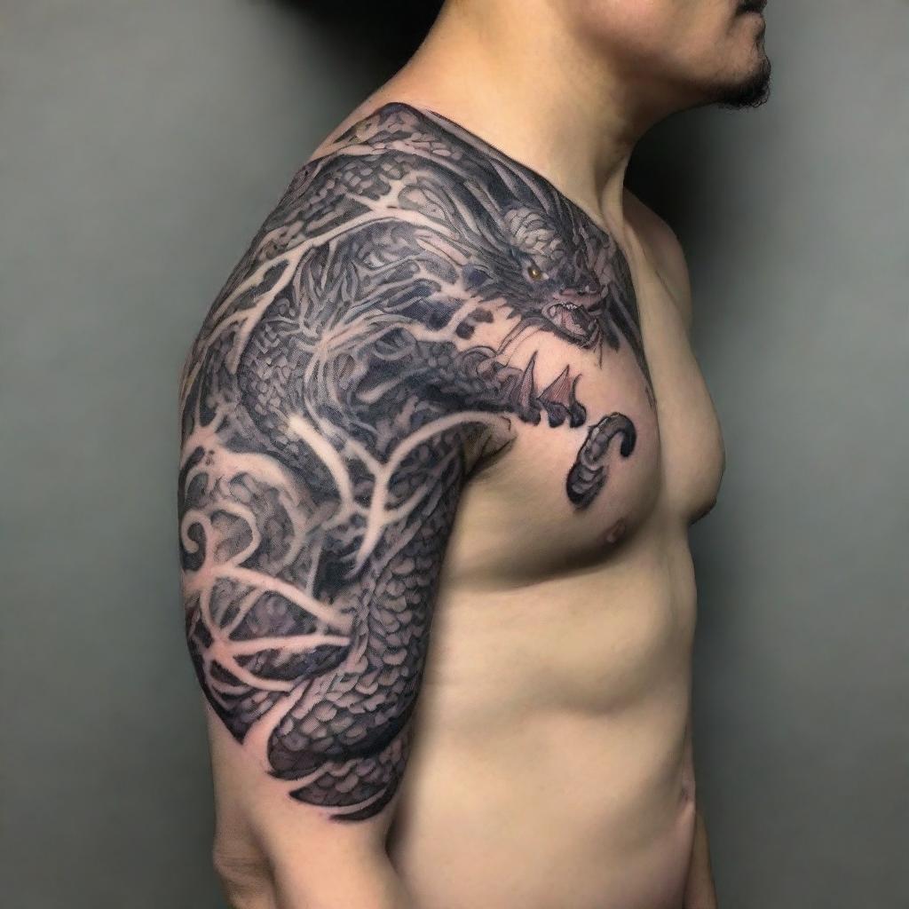 A detailed Chinese dragon tattoo design, featuring intricate scales, flowing whiskers, and a fierce expression